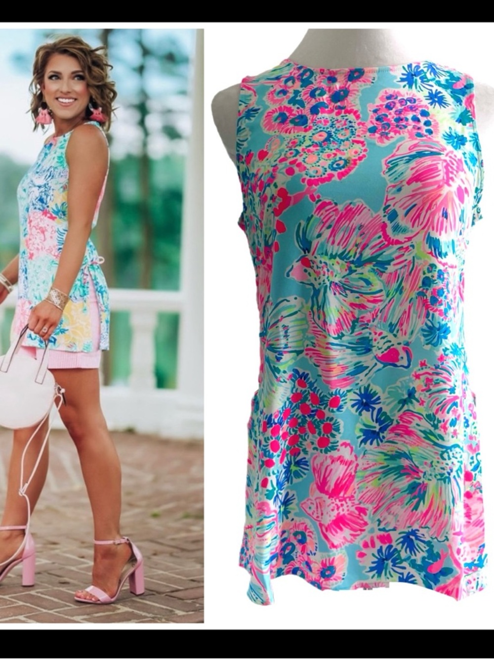 Lilly Pulitzer Donna Sleeveless Tunic Top side ties koi fish floral pink